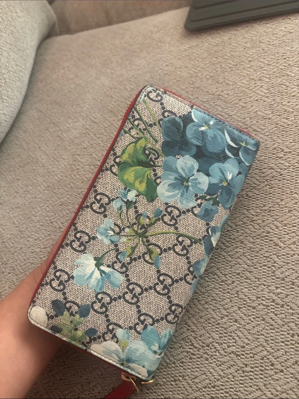 Gucci Floral GG Supreme Zip Around Wallet in Blue and Red Trim